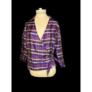 Ann Carson Multi Color Plaid Silk Wrap Top Size Medium